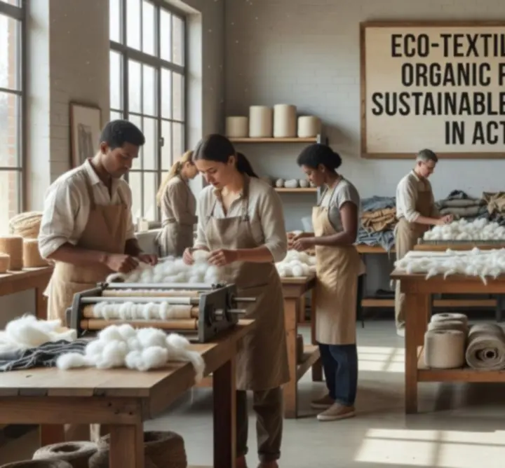 Fenntartható textilgyártási folyamatot jelképező, környezetbarát anyagok