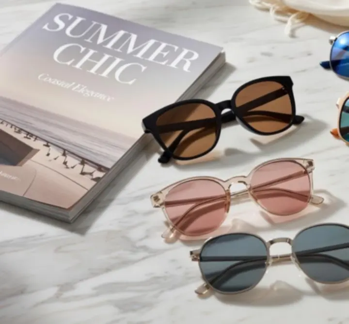 Különböző formájú és színű napszemüvegek esztétikus elrendezésben